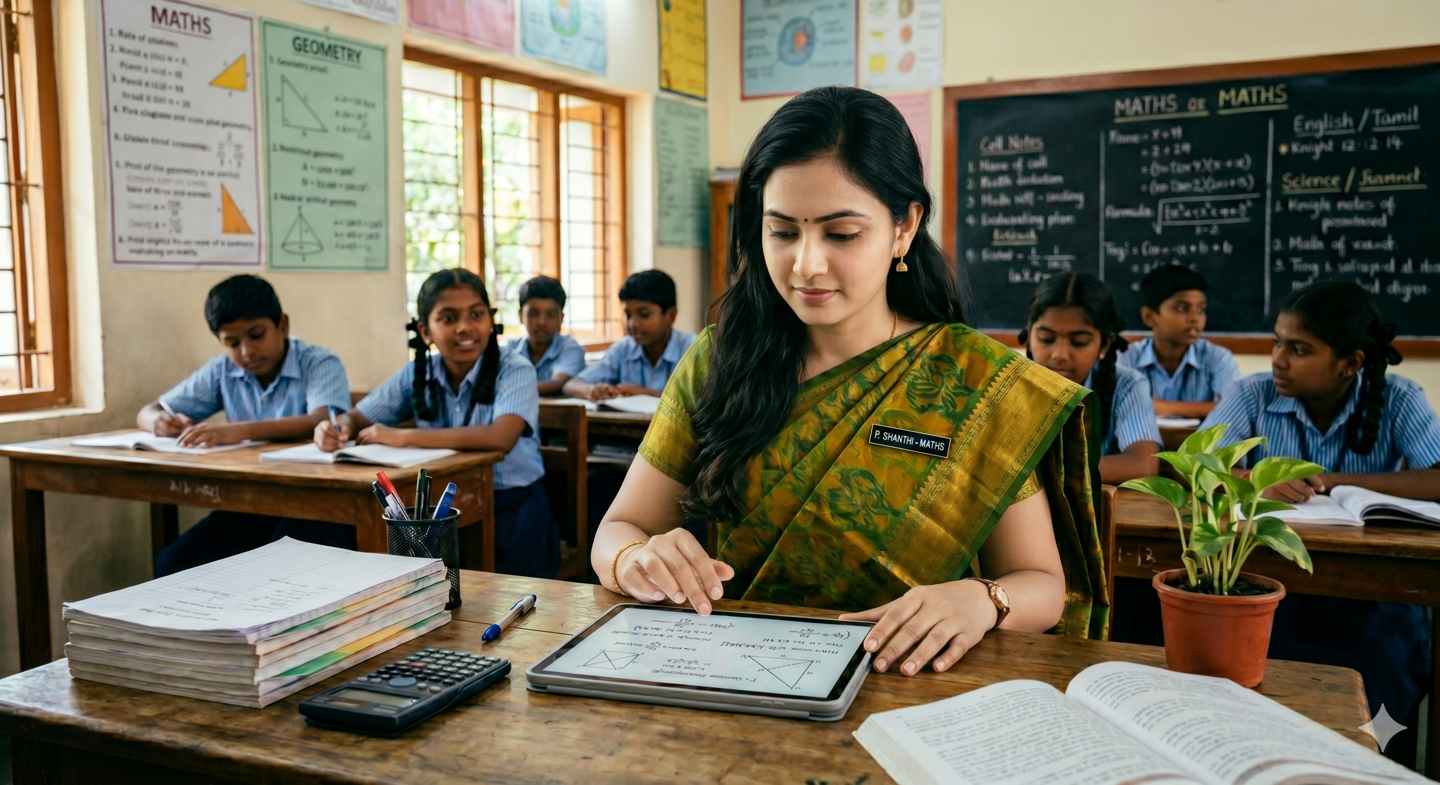Indian teacher using AI on a tablet in class